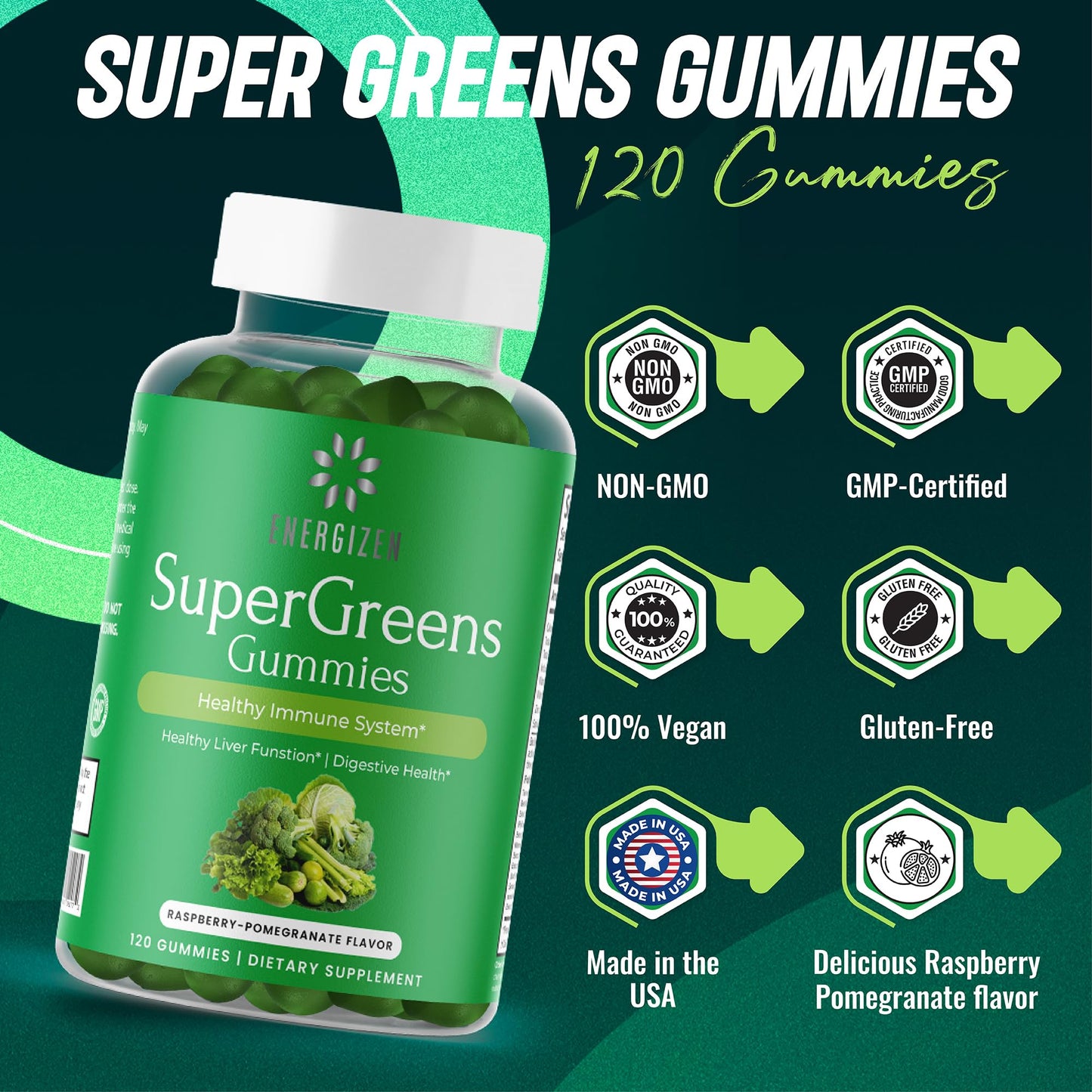 Energizen Green Superfood Gummies Plus – Liver Support, Digestive Health & Immunity (Vegan, Non-GMO, Gluten-Free) – Raspberry & Pomegranate, 120 Count