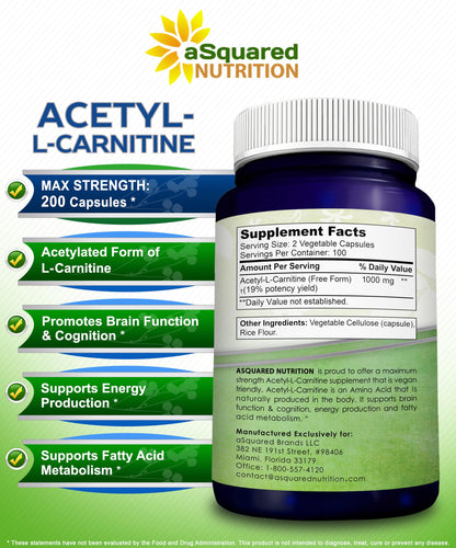 aSquared Nutrition Acetyl L-Carnitine 1000mg - 200 Veggie Capsules | High-Dose ALCAR for Energy & Brain Support