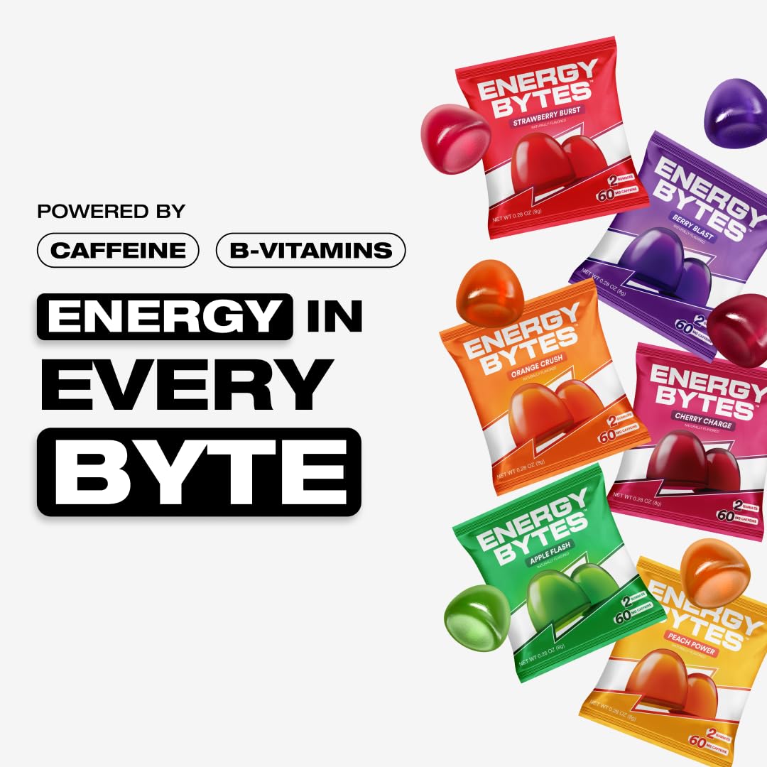 Energy Bytes Caffeine Gummies | Instant Energy Chews for Running, Cycling and Sports Performance | Vegan, Low Sugar | Variety Pack (12-Pack)