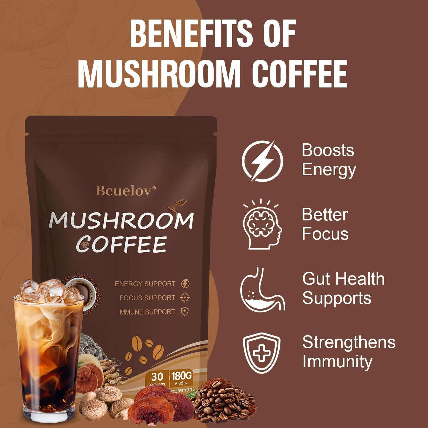 Mushroom Coffee with 6 Adaptogenic Mushrooms & MCT Oil – 30 Servings