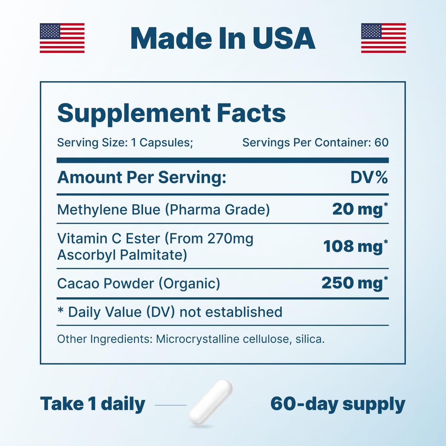 Ultimate Methylene Blue Capsules For Humans 20mg - Focus Fuel and Memory Vitamins | Blue Methylene Pharmaceutical Grade 2% - Memory Supplements and Brain Booster Supplement | Energy Pills 60 Count