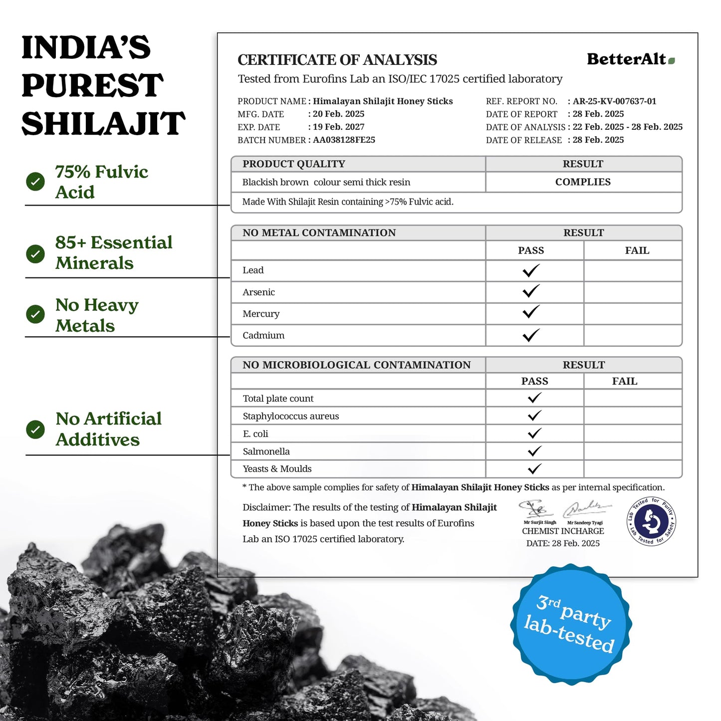 Better Alt Pure Himalayan Shilajit Honey Sticks (2 Pack) – Energy Boost & Immune Support, 85+ Minerals, 75%+ Fulvic Acid