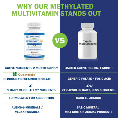 Power By Naturals Methyl Multi One – Iron-Free Methylated Multivitamin for Energy & MTHFR Support (60 capsules, 2-pack)
