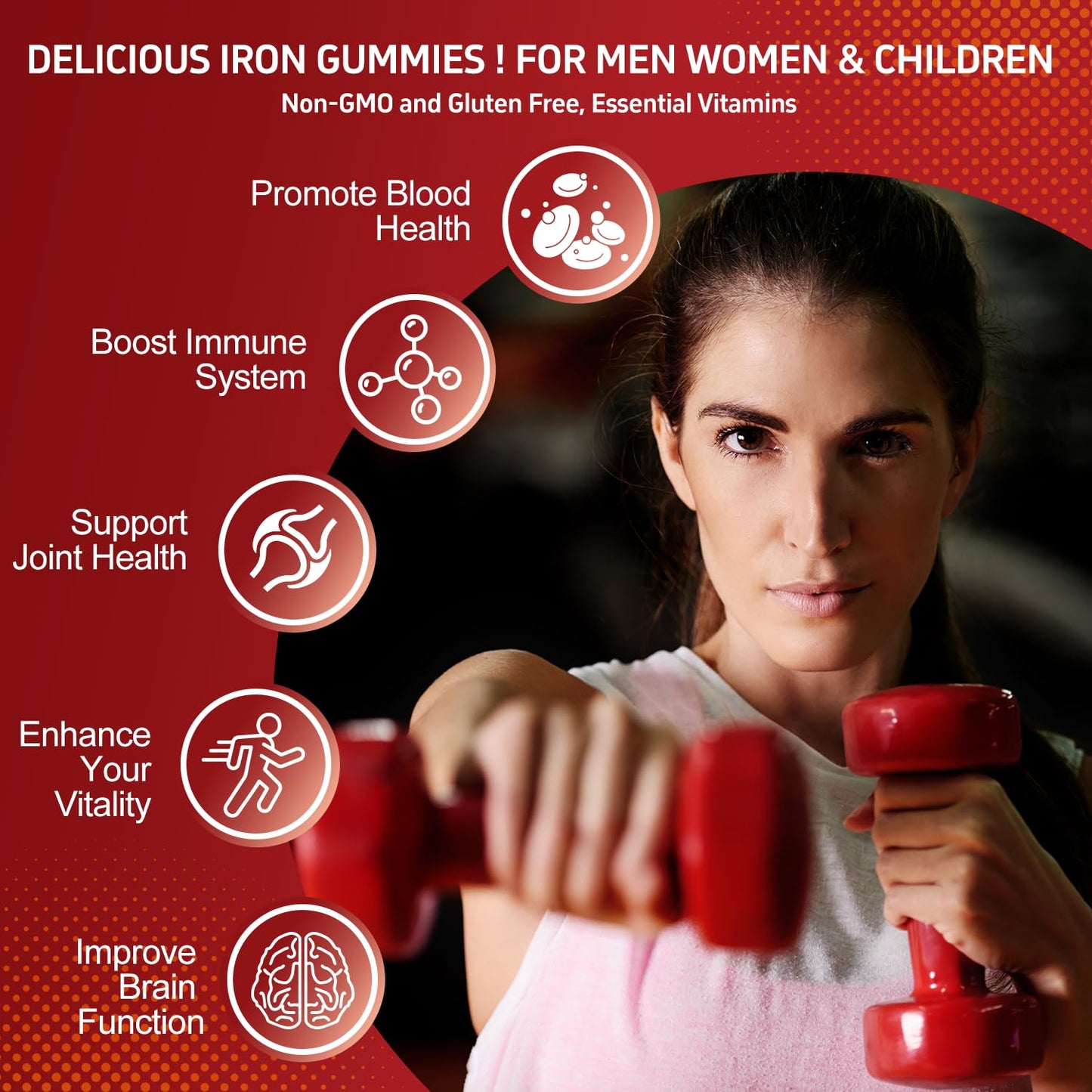 Iron Gummies 65mg Iron + Vitamin C 250mg | For Women, Men & Kids – Cherry (60 Count)