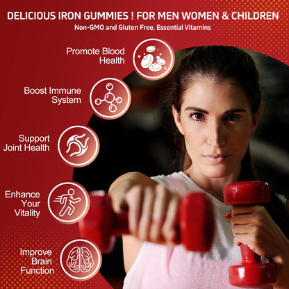 Iron Gummies 65mg Iron + Vitamin C 250mg | For Women, Men & Kids – Cherry (60 Count)