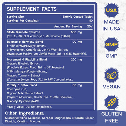 1200 mg SAM-e Supplement - Enteric Coated, Vegan | Brain Mood Joints Liver