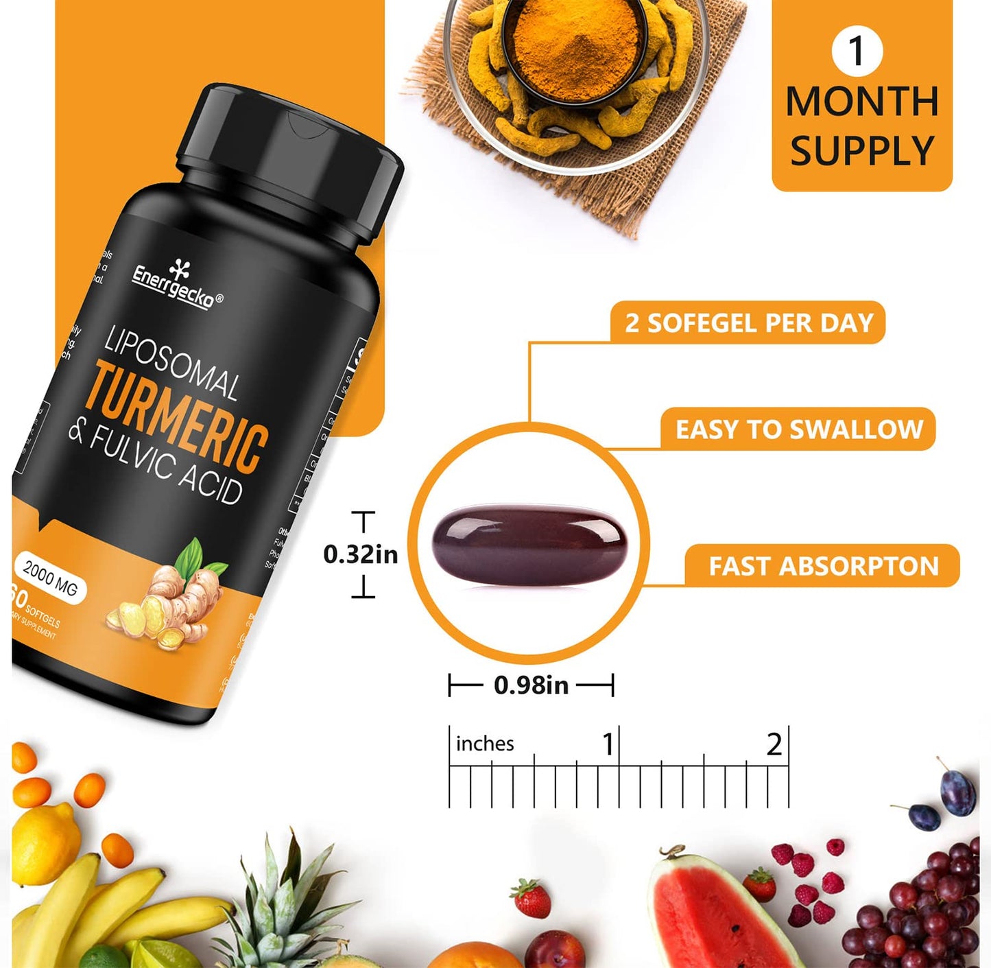 Enerrgecko 2000 mg Liposomal Turmeric Curcumin with Black Pepper & Ginger + Fulvic & Humic Acid — Pack of 4