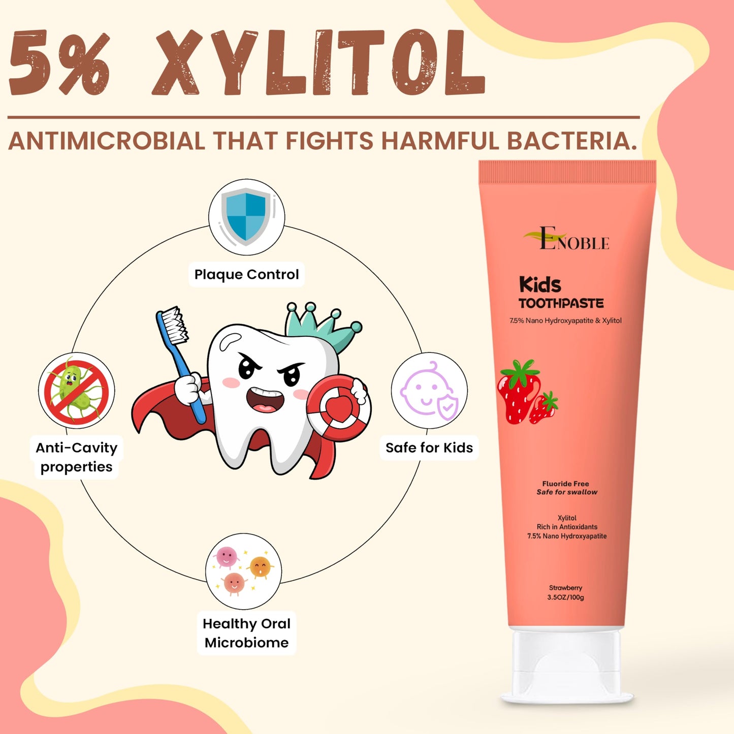 Enoble Kids Toothpaste – Fluoride-Free Strawberry, 7.5% Nano-Hydroxyapatite, 3.5 oz