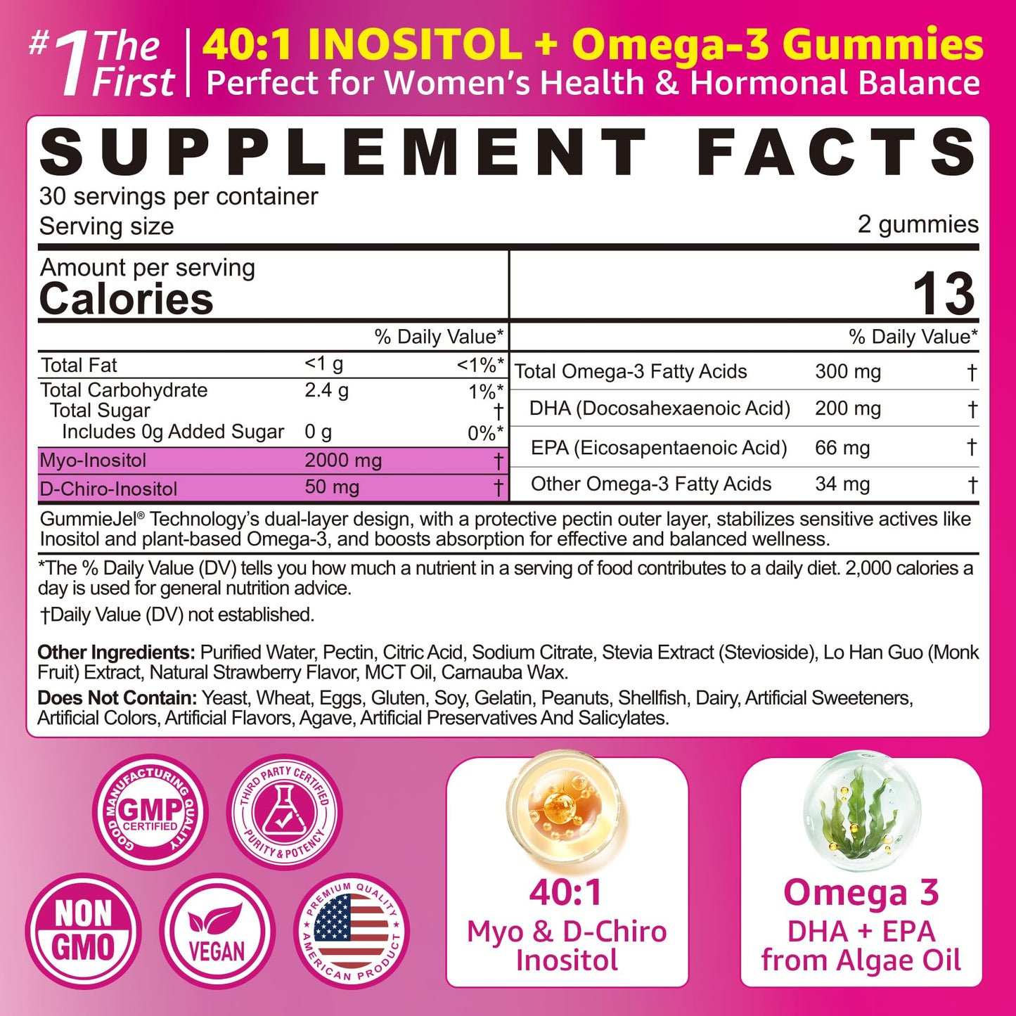 EnvyCure Inositol + Omega-3 Gummies for Women – Hormonal Balance & Cycle Health (40:1) – Vegan Sugar-Free, 60 Ct