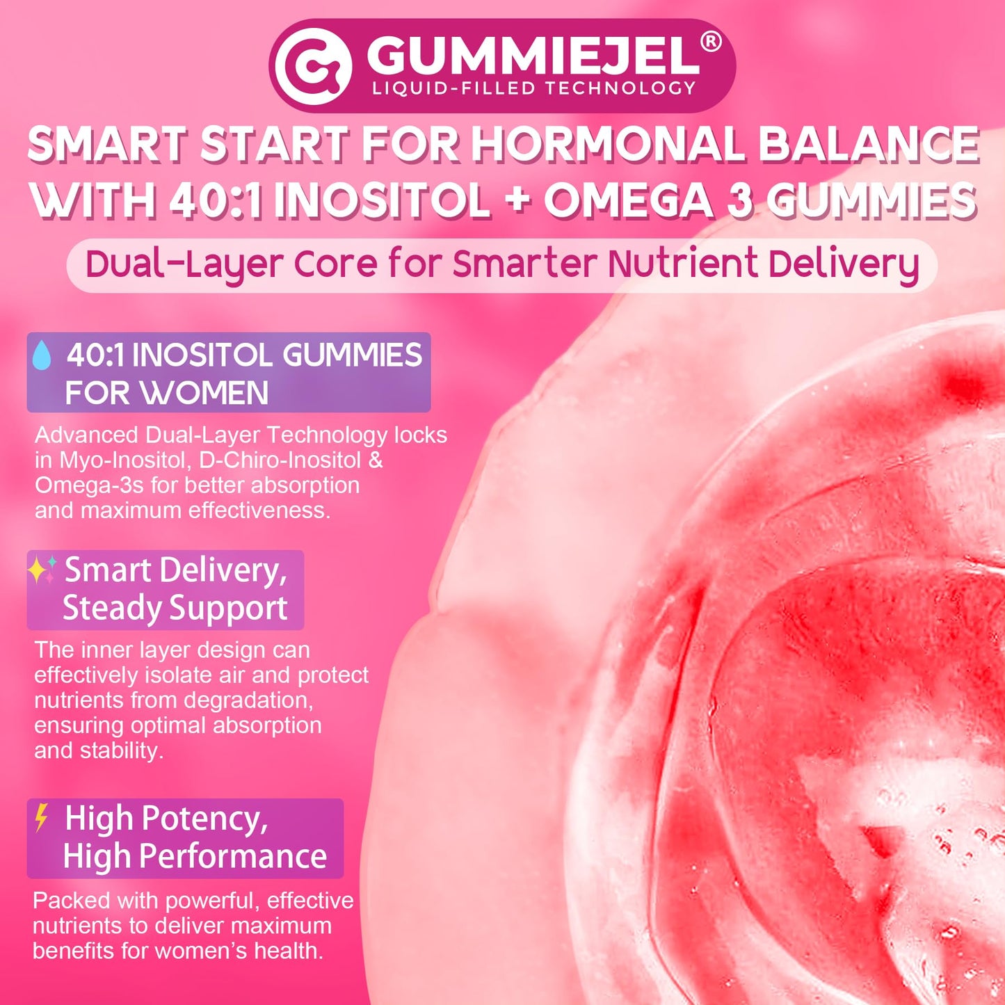 EnvyCure Inositol + Omega-3 Gummies for Women – Hormonal Balance & Cycle Health (40:1) – Vegan Sugar-Free, 60 Ct