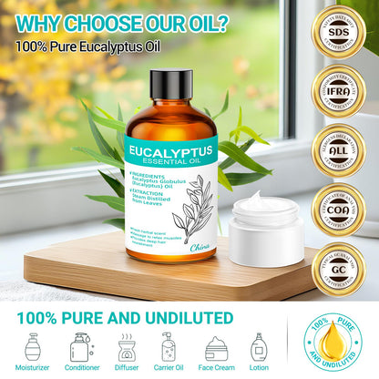ENYORLI Eucalyptus Essential Oil 3.38 fl oz – 100% Natural, Undiluted, Therapeutic Grade for Skin, Aromatherapy, Diffuser & Humidifier