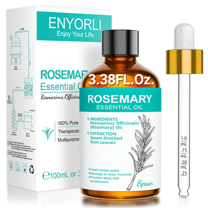 ENYORLI Rosemary Oil 3.38 fl oz – 100% Natural Essential Oil for Hair, Skin, Diffusers & Aromatherapy