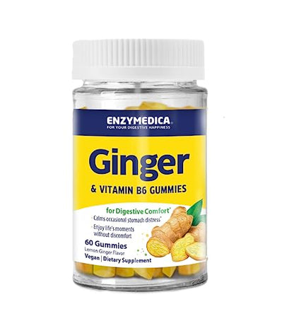 Enzymedica Ginger & Vitamin B6 Gummies — Support for Occasional Nausea & Indigestion, High Potency, 200 mg Ginger Equivalent, 60 Count