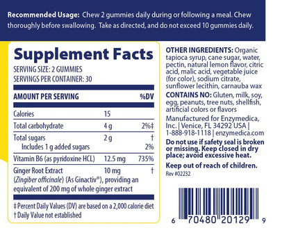 Enzymedica Ginger & Vitamin B6 Gummies — Support for Occasional Nausea & Indigestion, High Potency, 200 mg Ginger Equivalent, 60 Count
