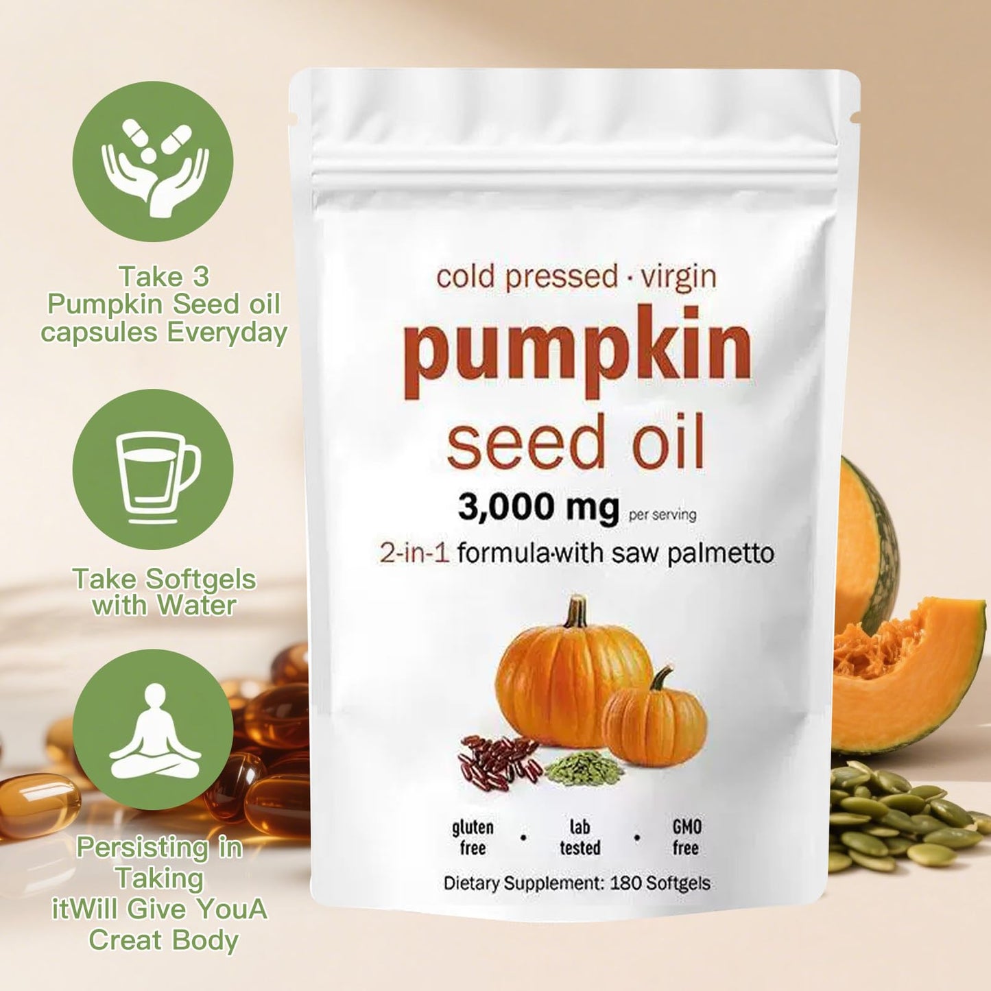 EOQIFJM Pumpkin Seed Oil + Saw Palmetto Capsules — 3000mg/Serving, 180 Softgels | Hair & Prostate Health | Non-GMO