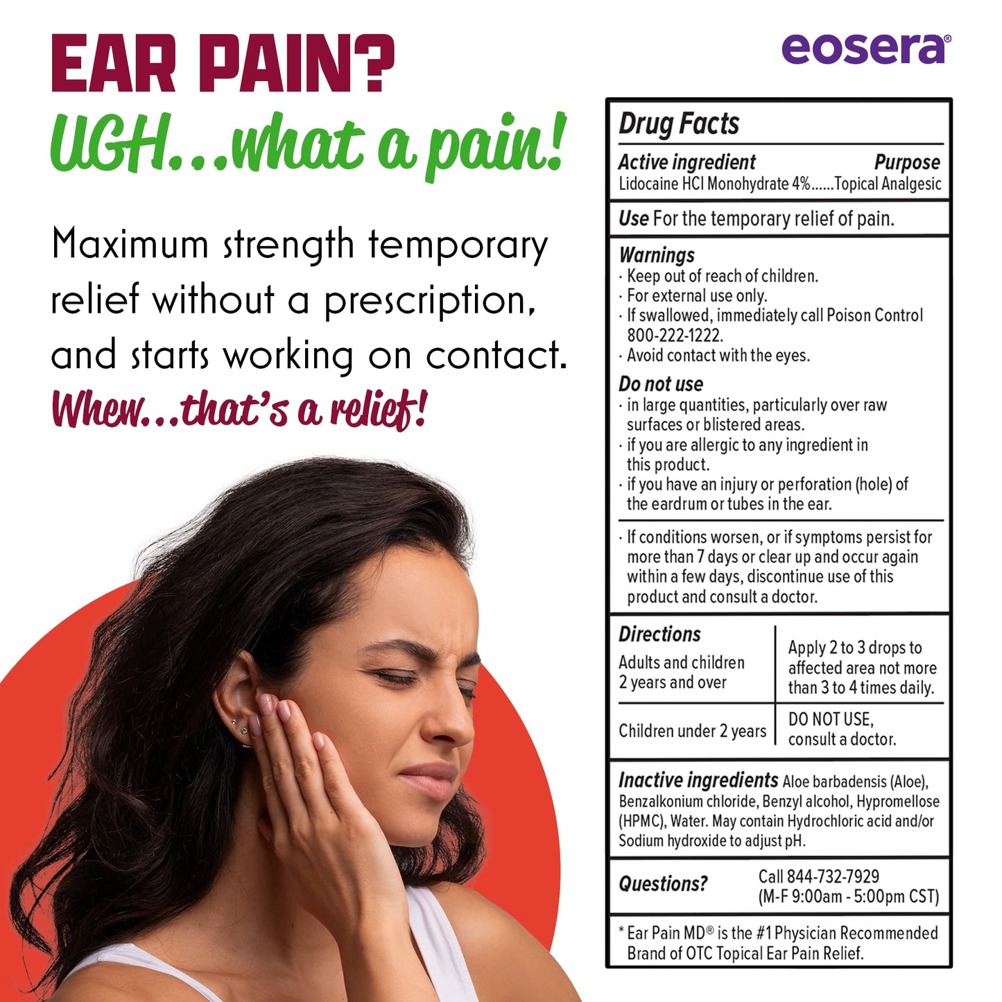 Eosera Ear Pain MD 4% Lidocaine Ear Drops – Maximum Strength Earache Relief for Adults & Kids (5 mL) | Earwax MD