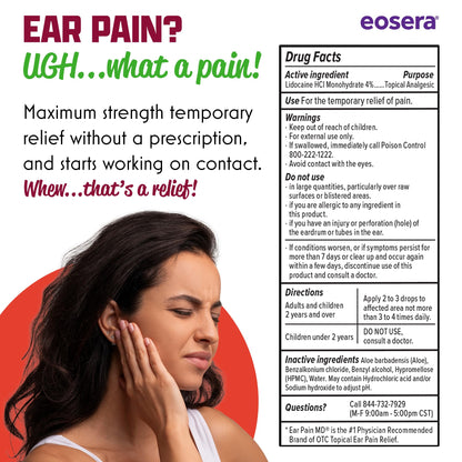 Eosera Ear Pain MD 4% Lidocaine Ear Drops – Maximum Strength Earache Relief for Adults & Kids (5 mL) | Earwax MD