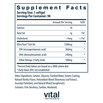 Vital Nutrients Ultra Pure Fish Oil 700 Enteric Coated – Heart, Brain & Immune Support | 90 Count