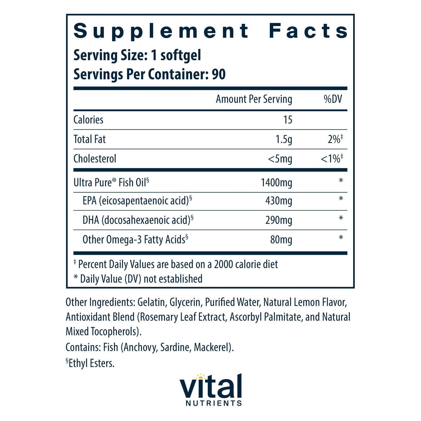 Vital Nutrients Ultra Pure Fish Oil 800 – High EPA & DHA Omega-3, Lemon, 90 Softgels