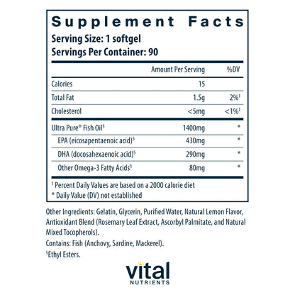 Vital Nutrients Ultra Pure Fish Oil 800 – High EPA & DHA Omega-3, Lemon, 90 Softgels