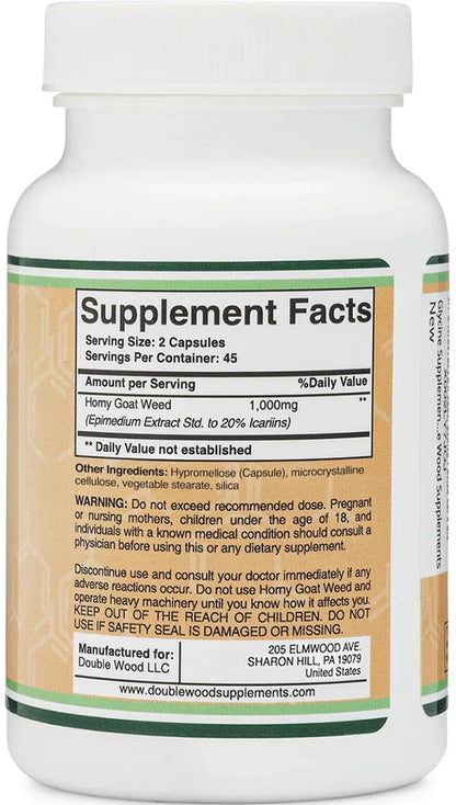 Horny Goat Weed for Men and Women - Max Strength Epimedium 20% Icariins, 1,000mg per Serving, 90 Capsules | Double Wood