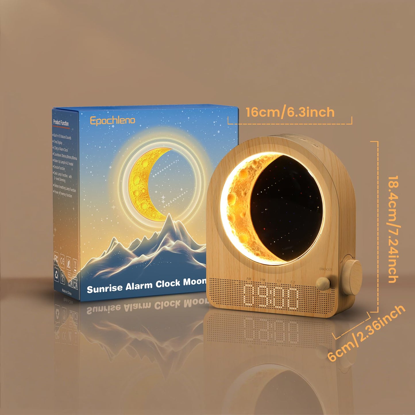 Epochleno Sunrise Alarm Clock with White Noise and Meteor Moonlight — 10 Soothing Sounds, Dual Alarms, 30/60/90min Timer