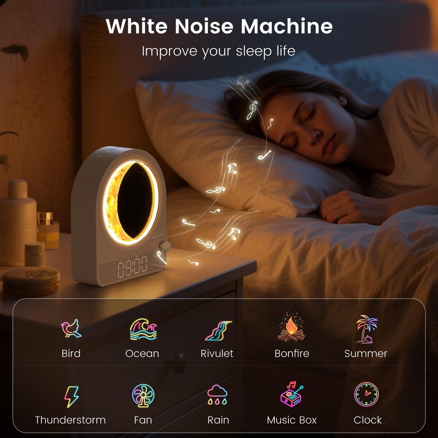 Epochleno Sunrise Alarm Clock — White Noise & Meteor Moonlight, 10 Sounds, Dual Alarms, 30/60/90 Min Timer