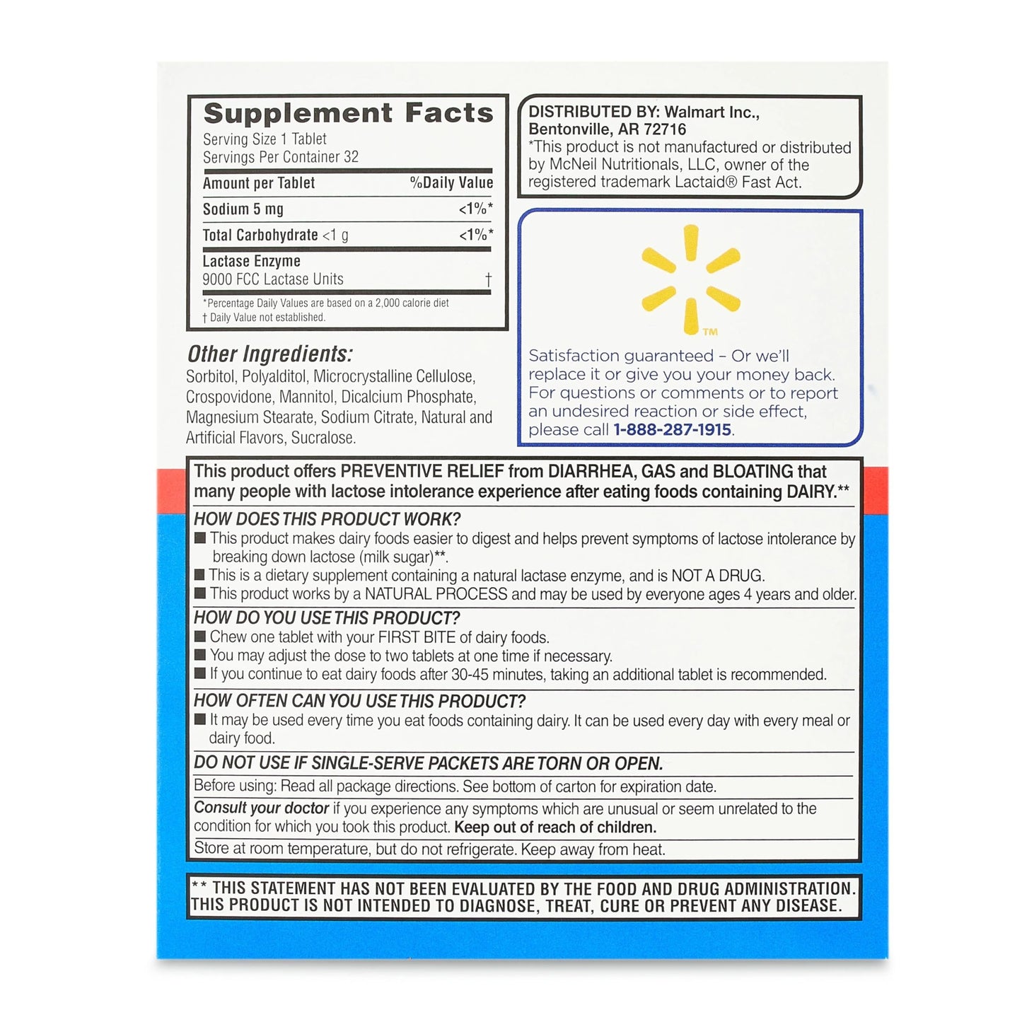Equate Fast Acting Dairy Relief Lactase Enzyme Dietary Supplement Vanilla Flavor Chewables - 32 Count (Pack of 1) + CreativeAndBundle Sticker