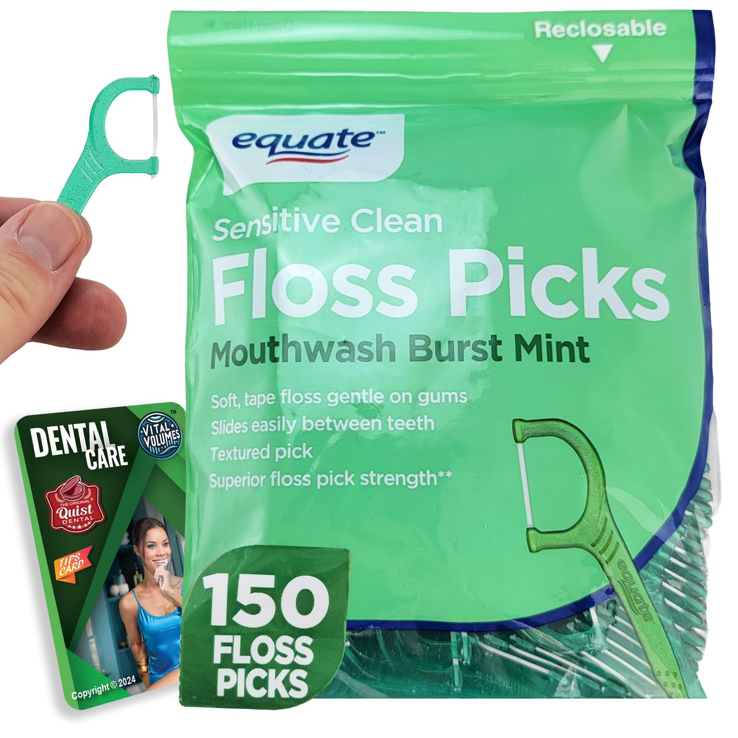 Equate Mint Flossers 150 Count & Vital Volumes Dental Tips Card Bundle | Dental Hygiene