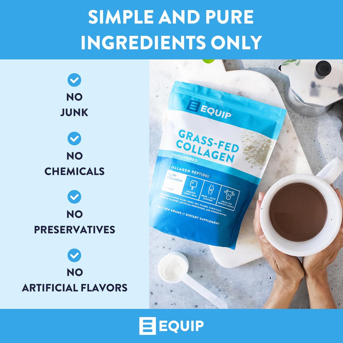 Equip Foods Grass Fed Collagen Powder – Unflavored, 30 Servings, Non-GMO