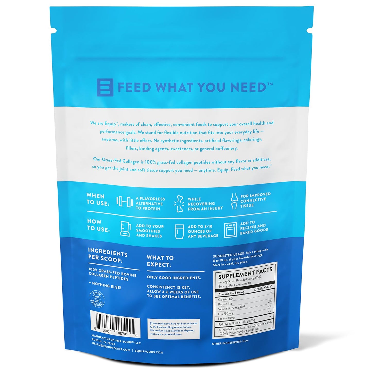 Equip Foods Grass Fed Collagen Powder – Unflavored, 30 Servings, Non-GMO