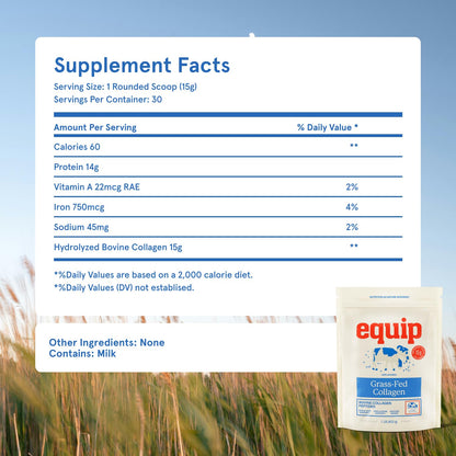 Equip Foods Grass Fed Collagen Powder – Unflavored, 30 Servings, Non-GMO