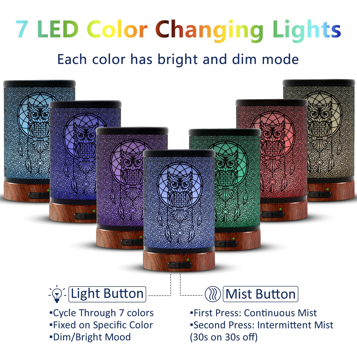 EQUSUPRO 150ml Metal Owl Essential Oil Diffuser - Auto Shut-Off, 7 LED Colors