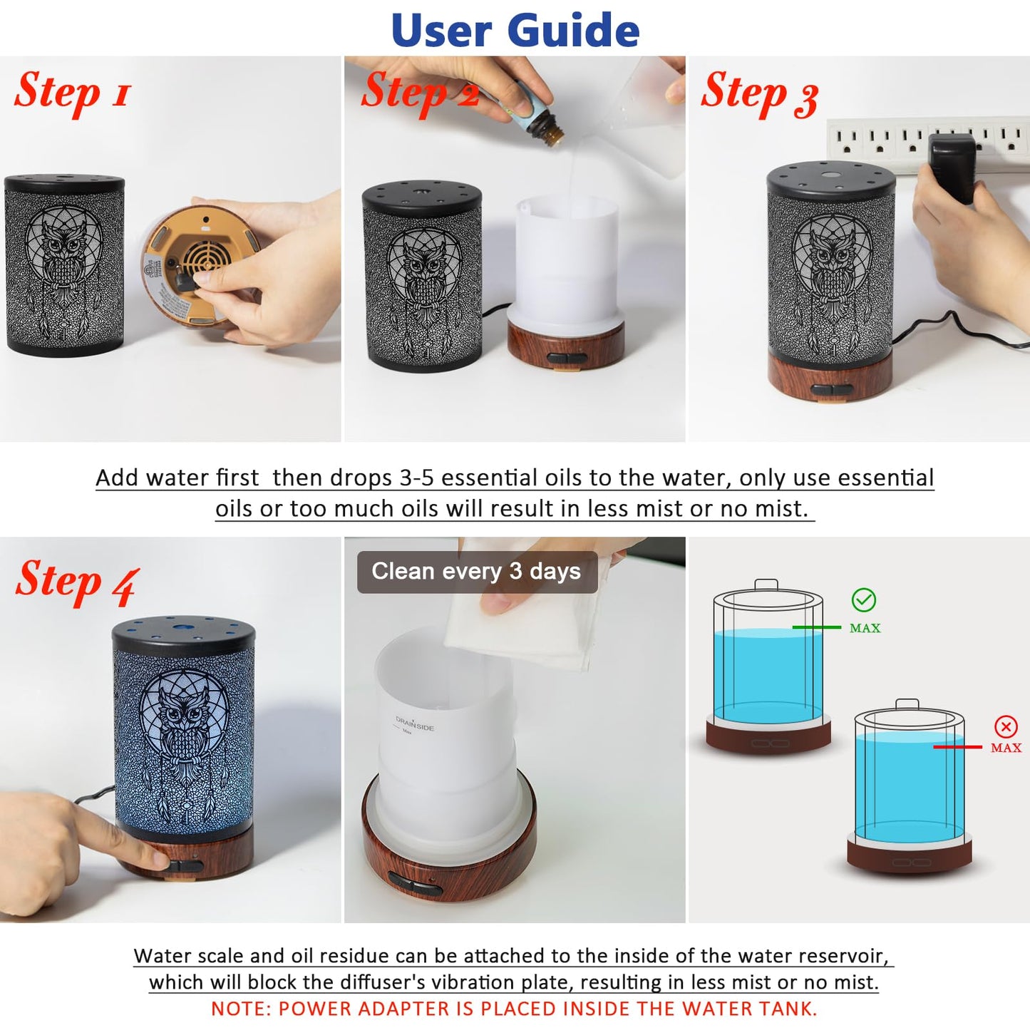 EQUSUPRO 150ml Metal Owl Essential Oil Diffuser - Auto Shut-Off, 7 LED Colors