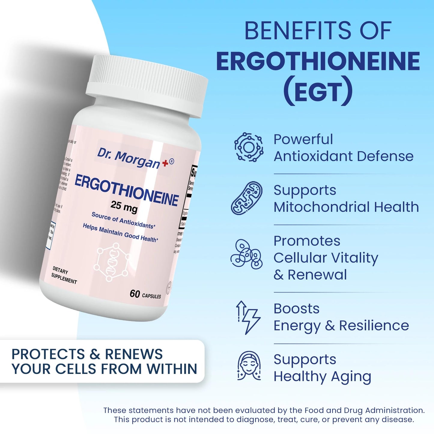 Dr. Morgan Ergothioneine Supplement – 99% Pure Antioxidant Support, Mitochondrial & Cellular Health, 60 Capsules, Made in Canada