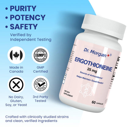 Dr. Morgan Ergothioneine Supplement – 99% Pure Antioxidant Support, Mitochondrial & Cellular Health, 60 Capsules, Made in Canada