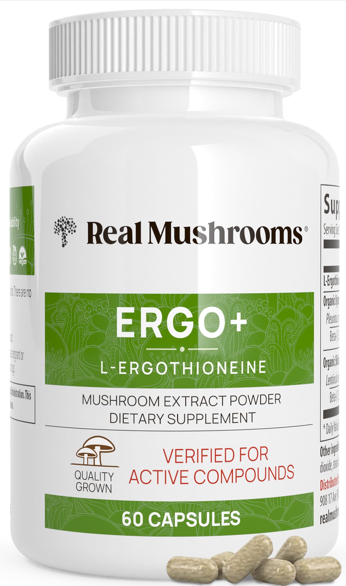 Real Mushrooms Ergothioneine Supplement – Golden Oyster Mushroom Extract, 60 Capsules – Organic, Vegan, Non-GMO