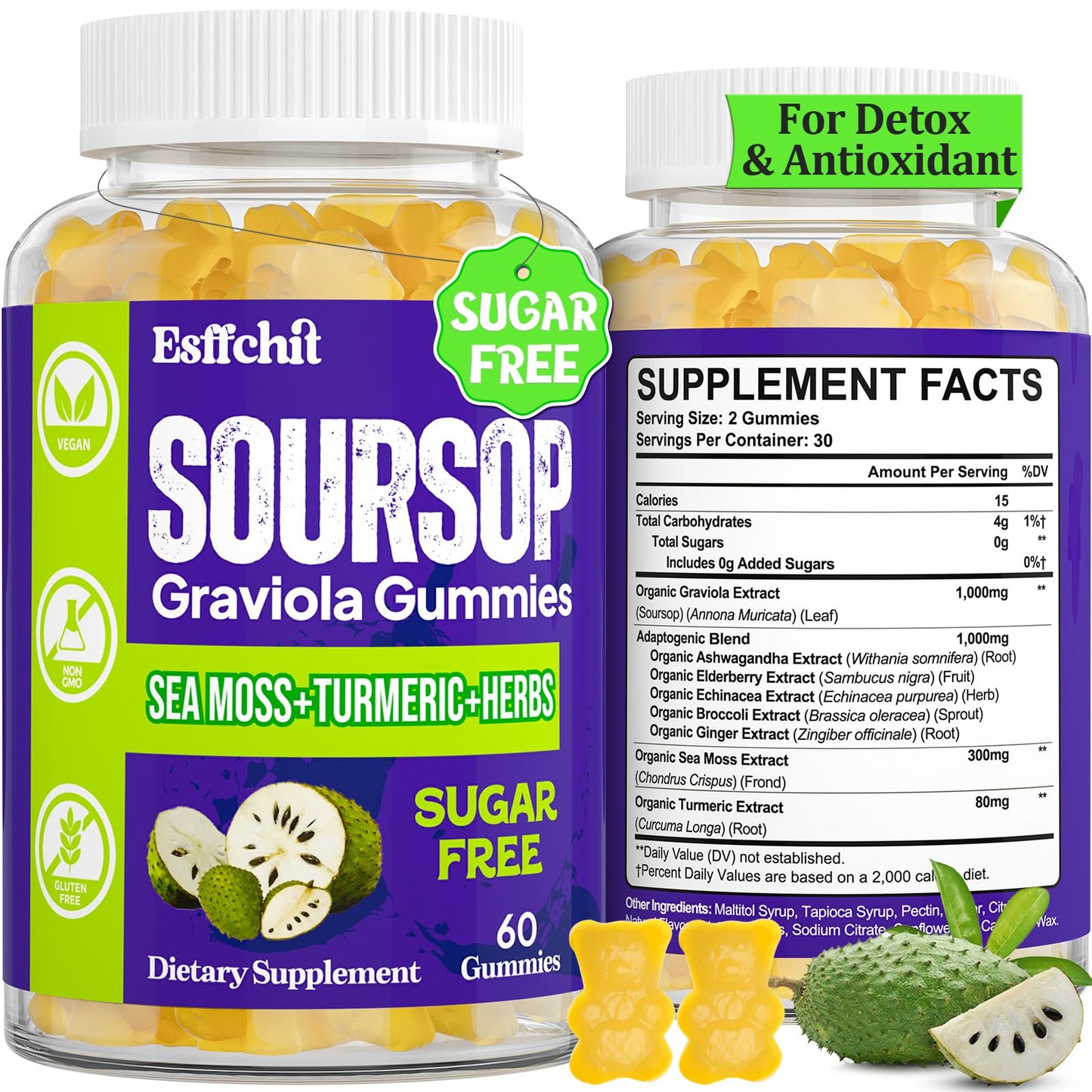 Esffchit Soursop Graviola Gummies with Sea Moss & Turmeric – 60 Count, Vegan