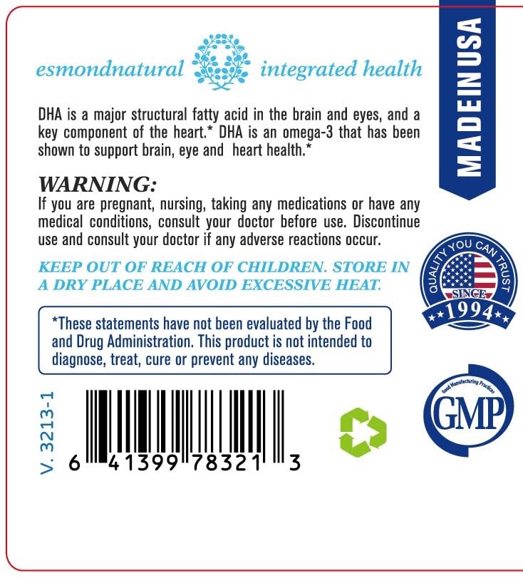 Esmond Natural DHA Algal Oil 500mg – 60 Softgels | Made in USA, GMP