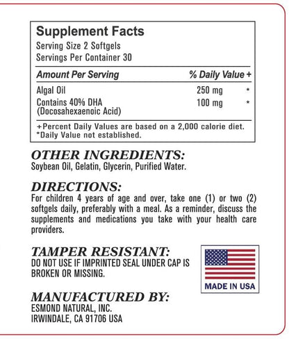 Esmond Natural DHA Algal Oil 500mg – 60 Softgels | Made in USA, GMP