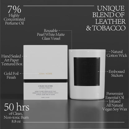 ESNA HOME Lavender Scented Aromatherapy Candle – All-Natural Soy Wax, Leather & Tobac, 8.8oz, 50h Burn