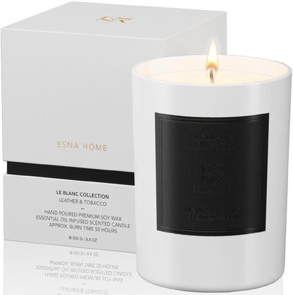 ESNA HOME Lavender Scented Aromatherapy Candle – All-Natural Soy Wax, Leather & Tobac, 8.8oz, 50h Burn