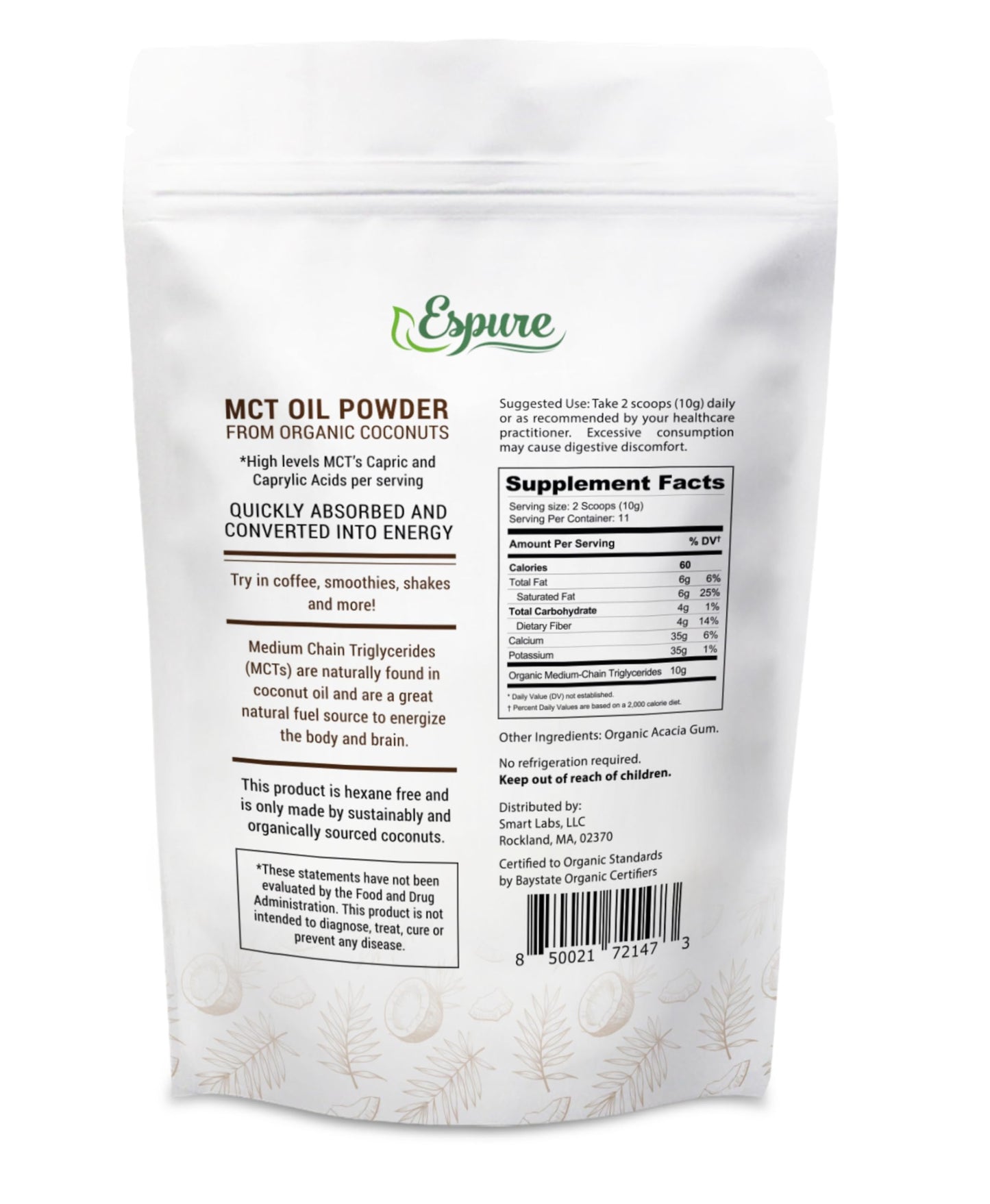 Espure Organic MCT Powder - USDA Certified Organic with Prebiotic Acacia Fiber - 4 oz