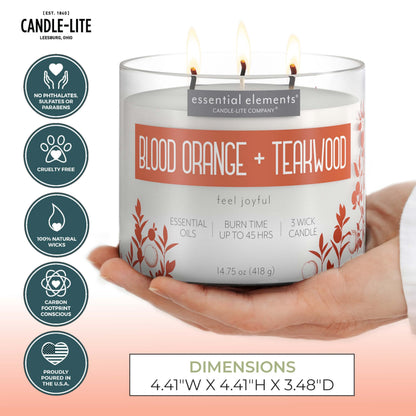 Essential Elements Blood Orange & Teakwood 3-Wick Candle – 14.75 oz, 45h Burn