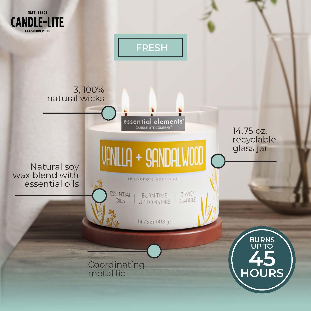Essential Elements Vanilla & Sandalwood 3-Wick Aromatherapy Candle – 14.75 oz