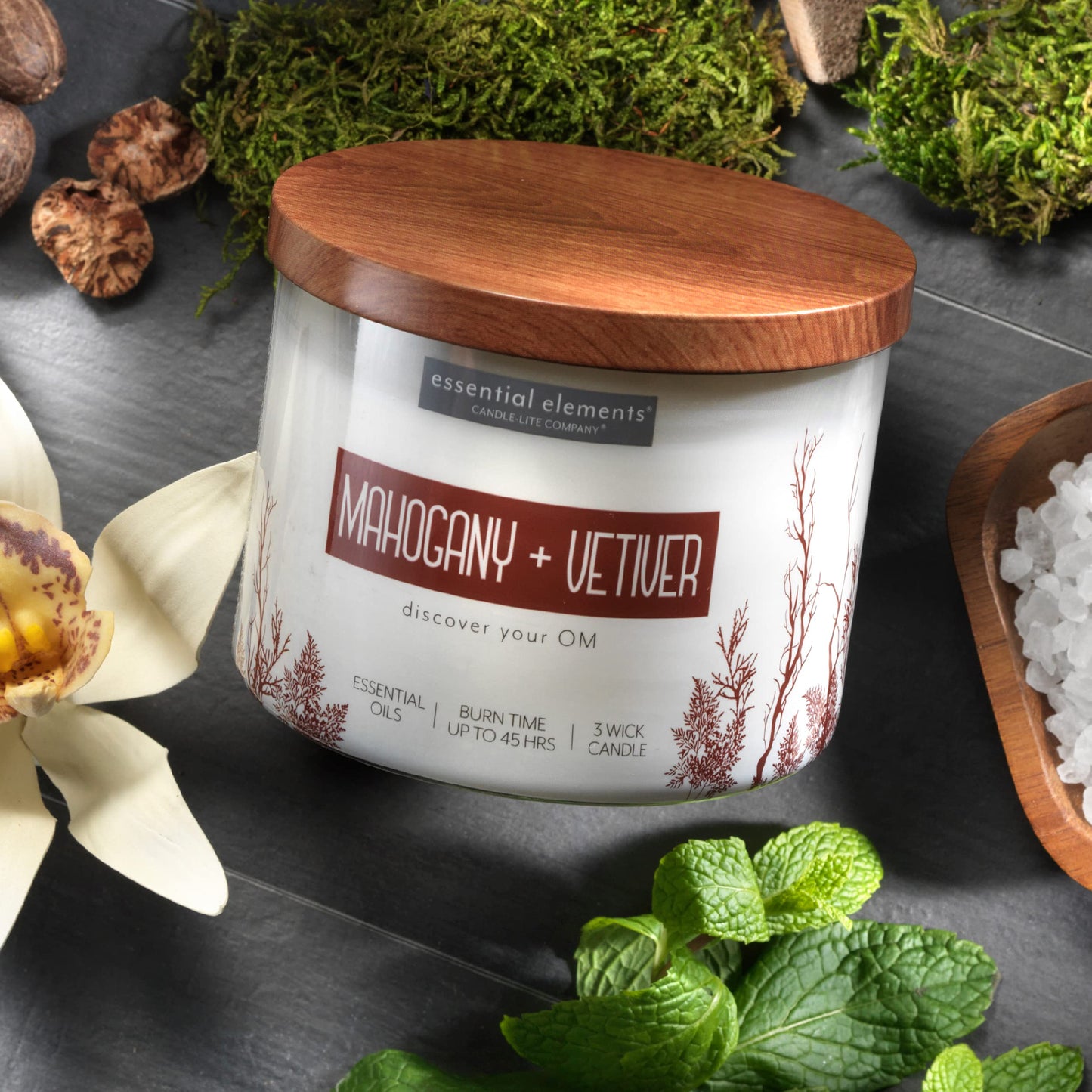 Essential Elements by Candle-lite – Mahogany & Vetiver Three-Wick Aromatherapy Candle (14.75 oz)