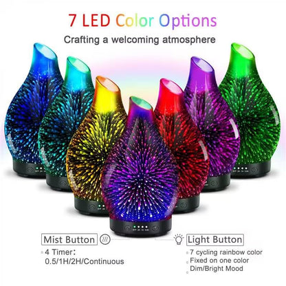 Essential Oil Diffuser 120ML | 3D Firework Glass, 7 LED Colors, 4 Timers