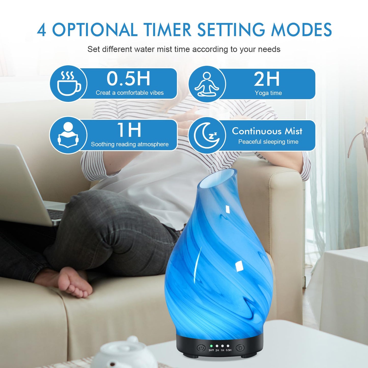 Essential Oil Diffuser for Home – Glass Aromatherapy Diffuser, 4 Timers, 120ML