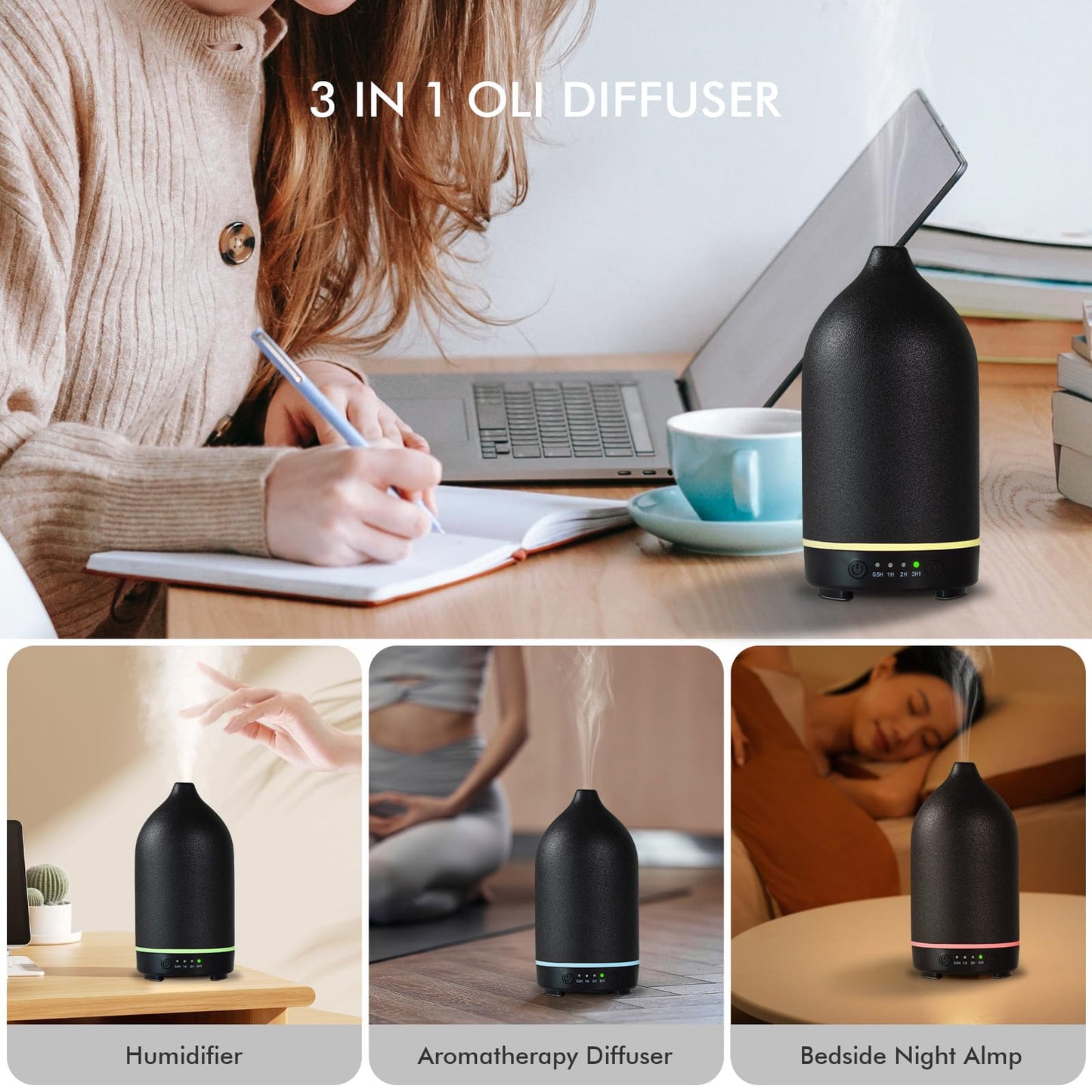 Essential Oil Diffuser Ceramic 150ml Black – Ultrasonic Aroma Diffuser with Timer, 7-Color LED, Auto Shut-Off