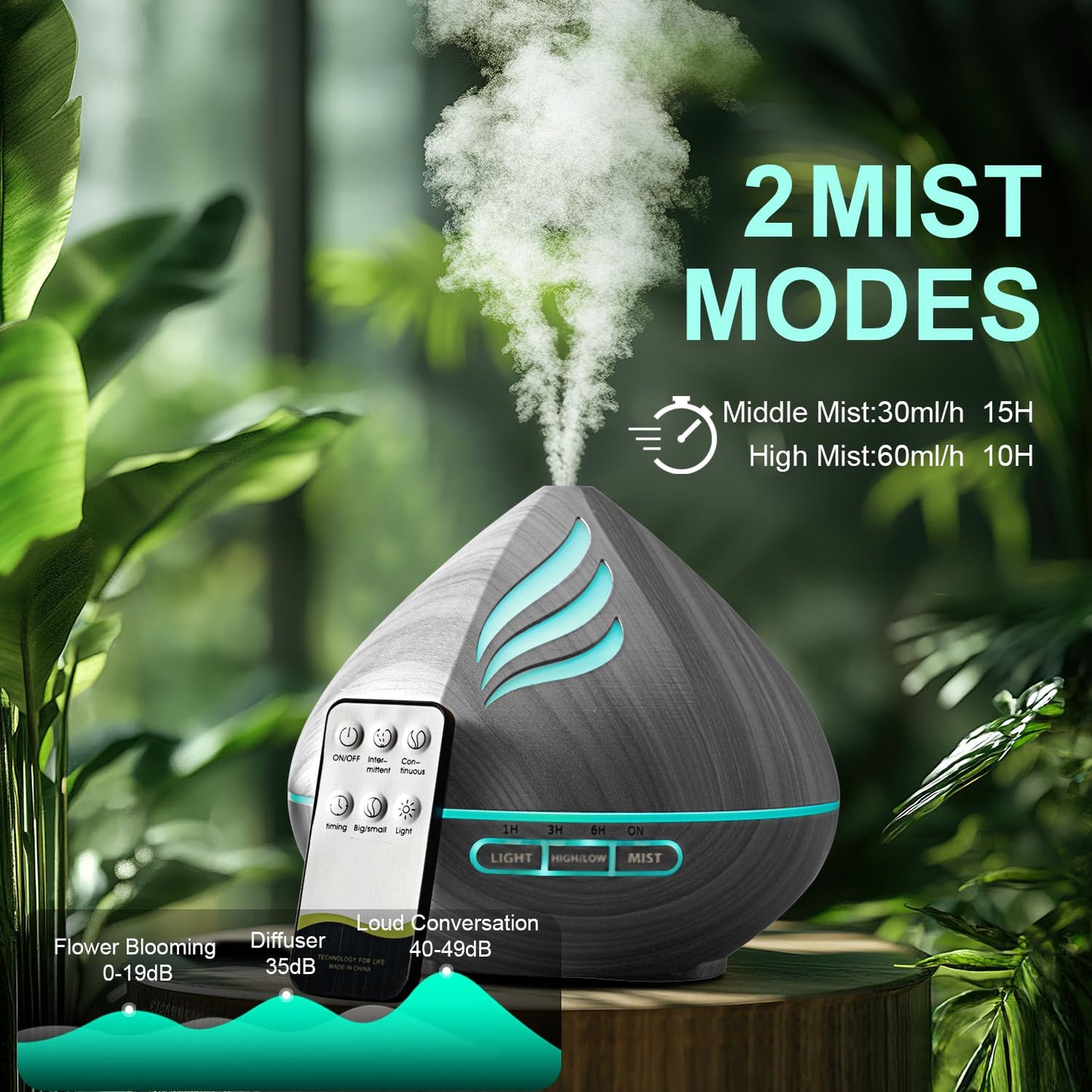 Essential Oil Diffuser 500ML with Remote - 14 LED Colors - Waterless Auto-Off - Dark Grey